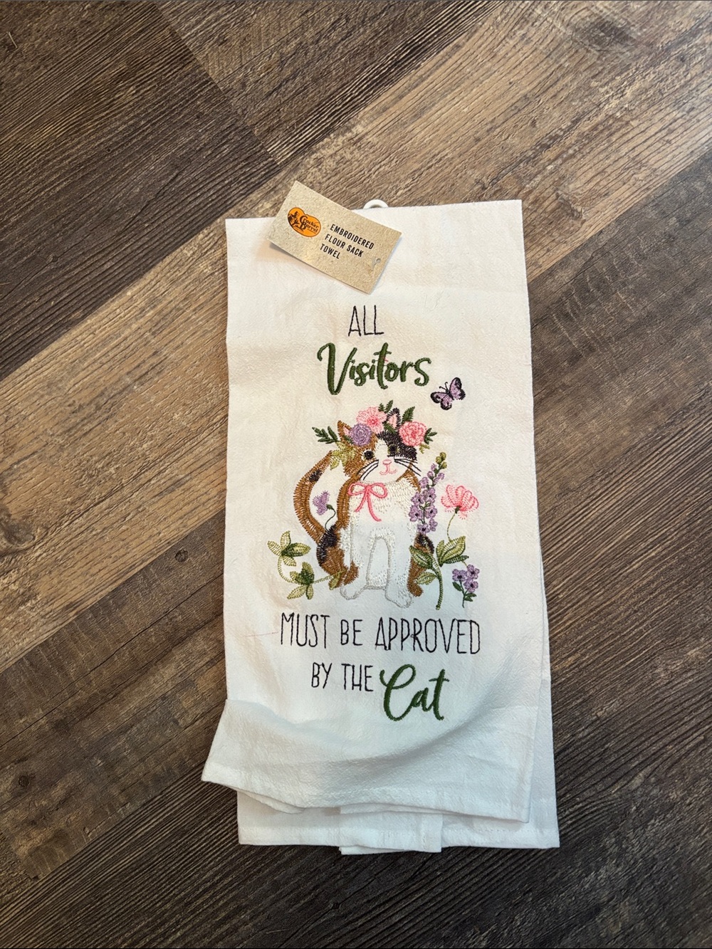 Embroidered White 'All Visitors Must Be Approved by the Cat' Pet Tea Towel